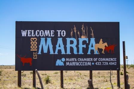 Welcome to Marfa sign, 9 miles away from Marfa...